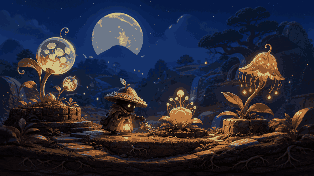 A tiny gardener tending luminous plants beneath a full moon