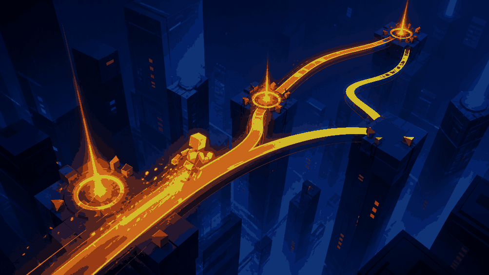 A geometric runner racing across glowing branching rails above a night city