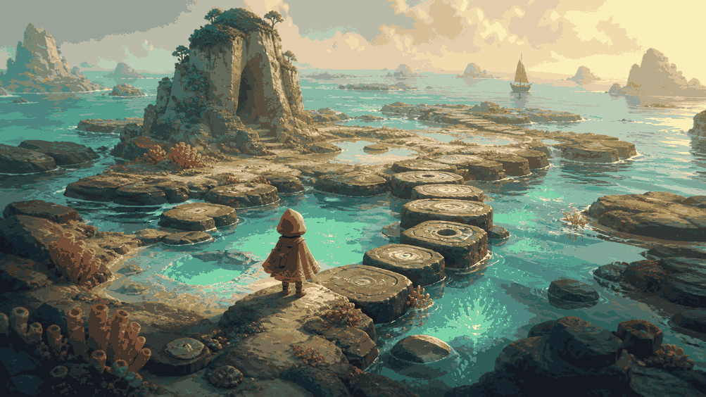 A tiny explorer crossing luminous tide pools between coastal ruins